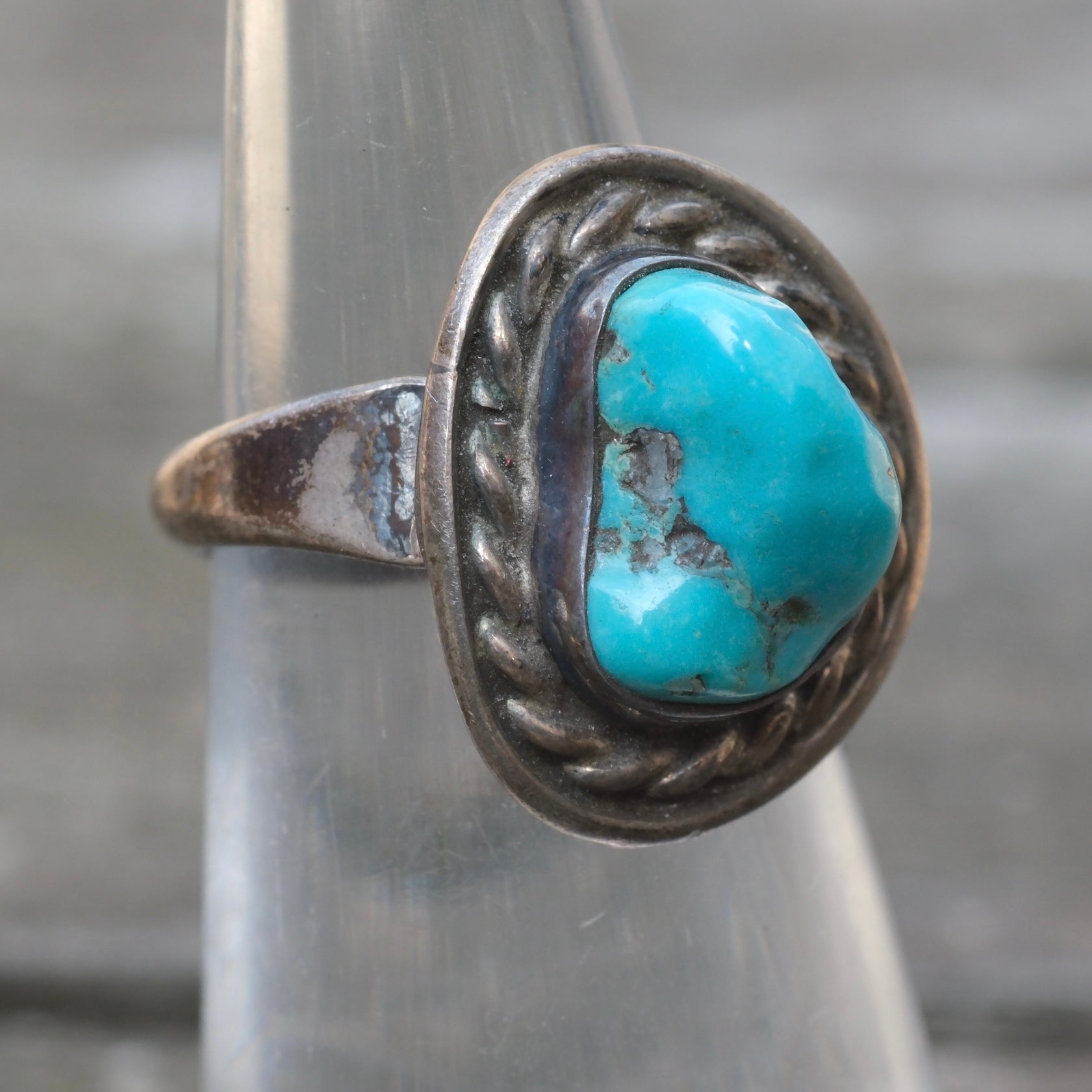 Vintage Sterling Turquoise Roper Ring 4.25