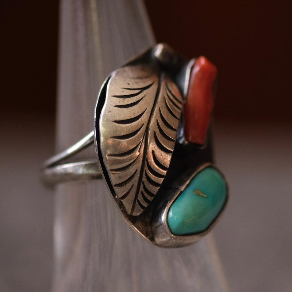 Vintage Sterling Turquoise and Coral Feather Ring 6.5