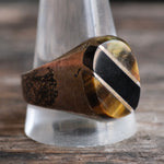 Vintage Sterling Tigers Eye and Onyx Inlay Striper Ring 13.5