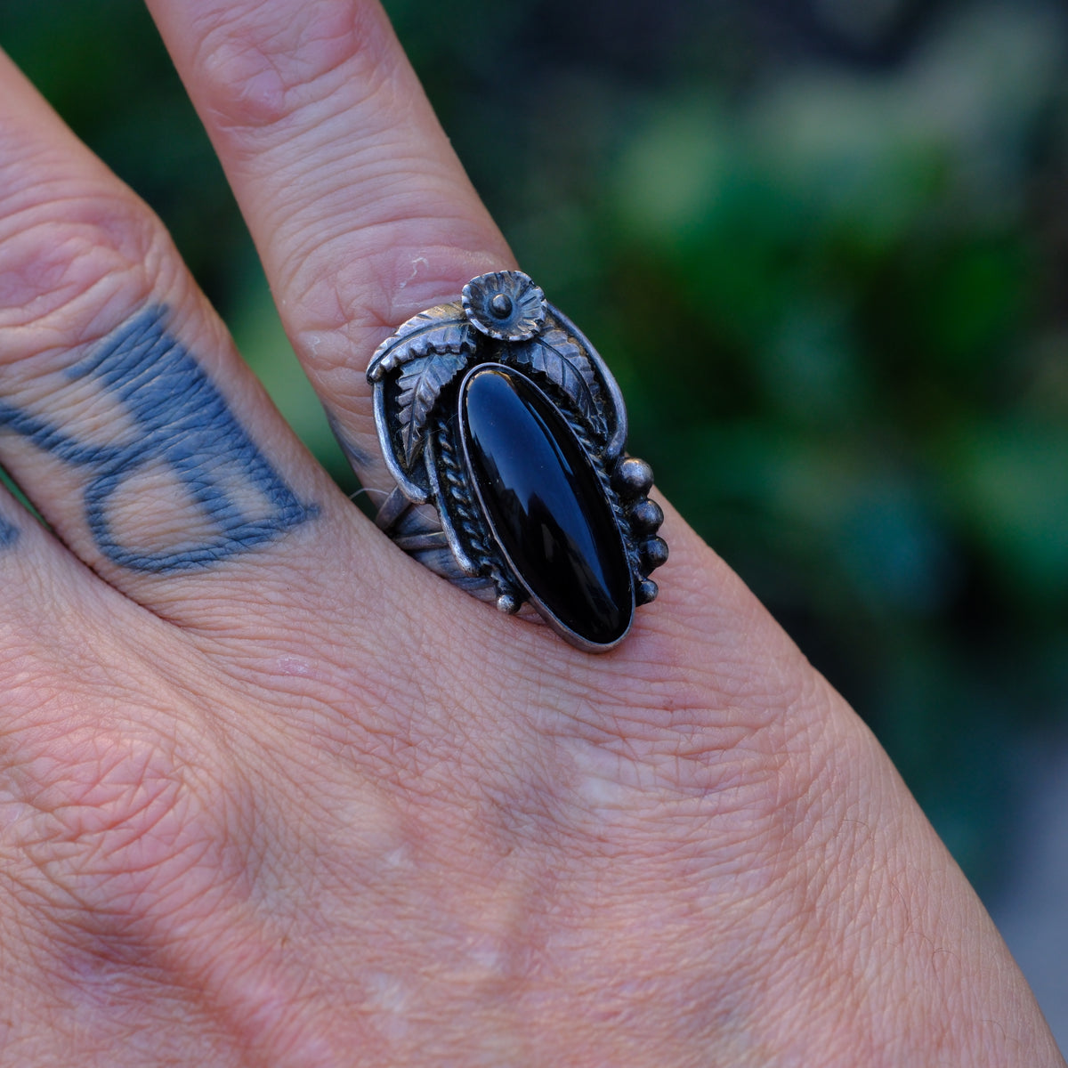 Vintage Sterling Onyx Feather Ring 6.5