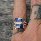 Vintage Sterling Opalite and Lapis Inlay Ring 7