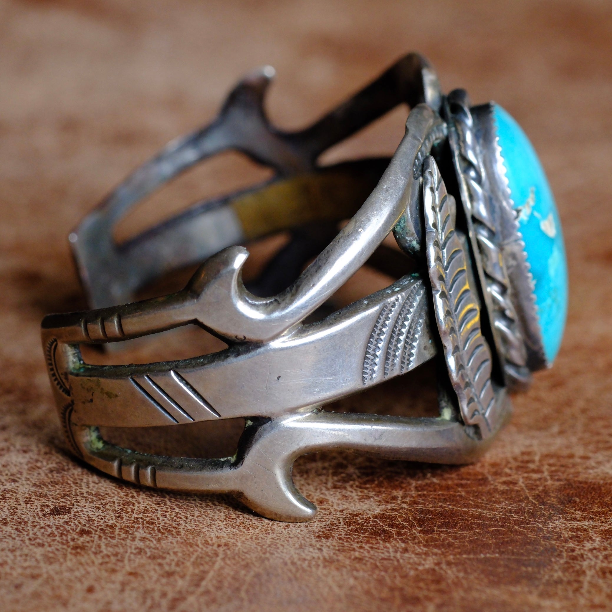 Vintage Sterling Turquoise Sandcast Cuff Bracelet