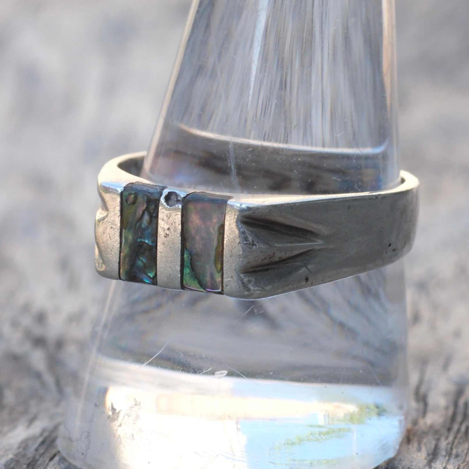 Vintage Sterling Abalone Inlay Striper Ring 10.75