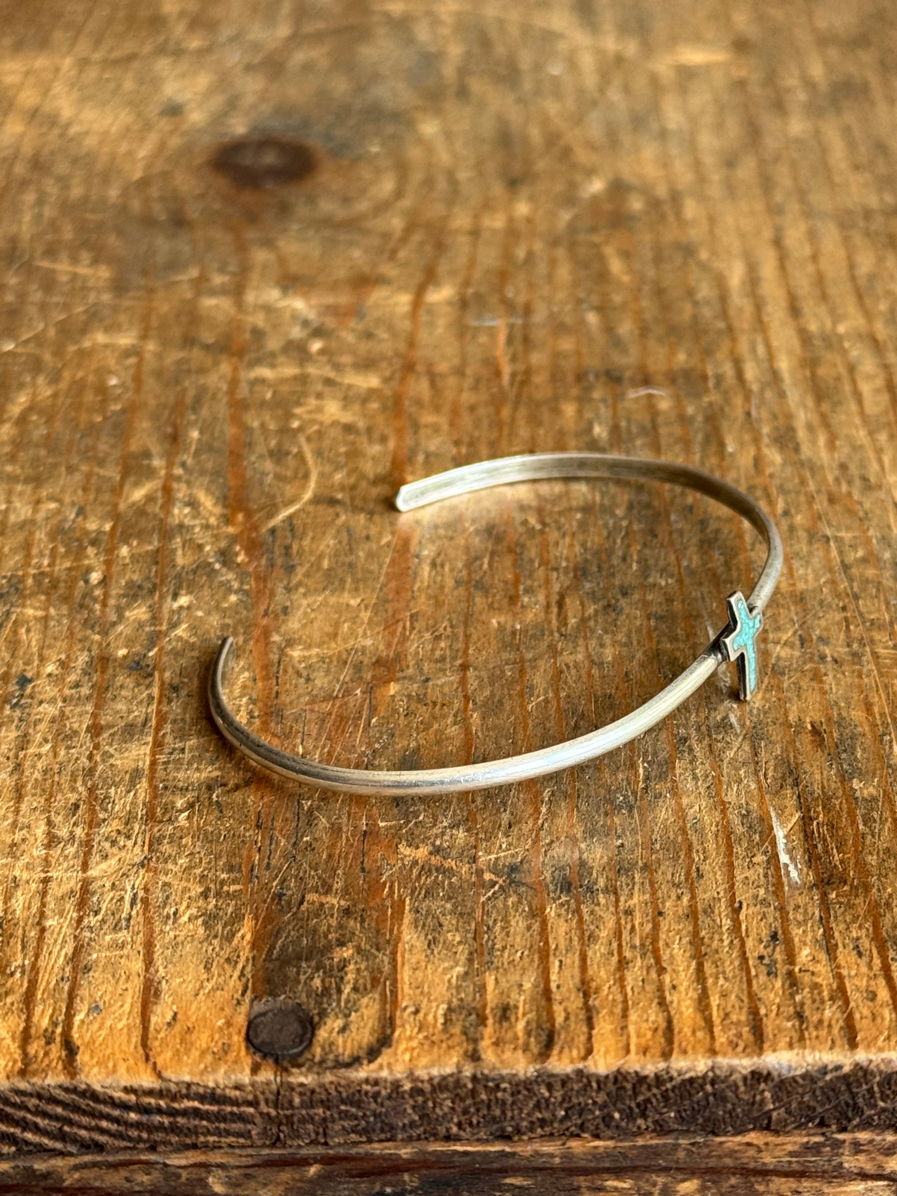 Vintage Sterling Silver Turquoise Inlay Cross Cuff