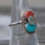 Vintage Sterling Effie Turquoise and Coral Snake Ring 6.75