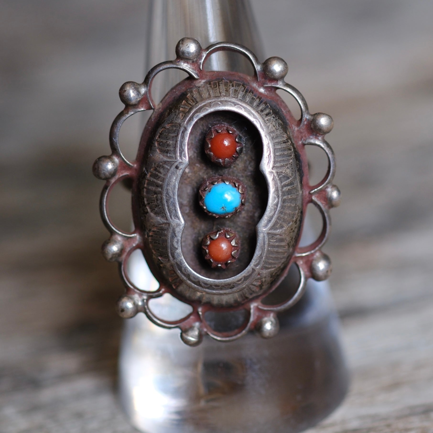 Vintage Sterling Turquoise and Coral Shadowbox Ring 7.25