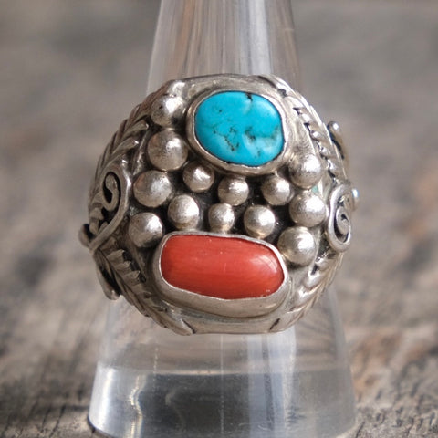 Vintage Sterling Turquoise and Coral Ring 10