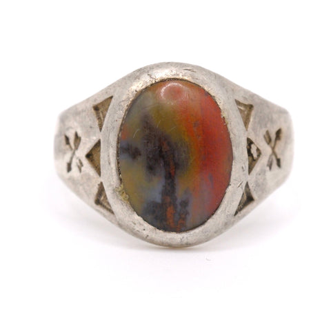 Vintage Sterling Petrified Wood Crossed Arrows Ring 11.25