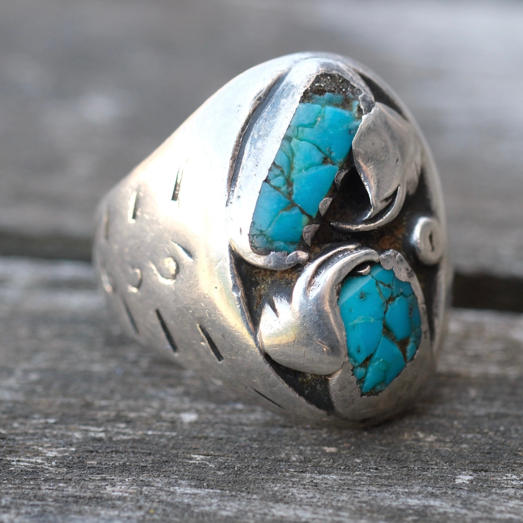 Vintage Sterling 2-Stone Turquoise Feather Ring 10