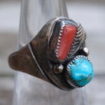 Vintage Sterling Turquoise and Coral Feather Ring 6.5