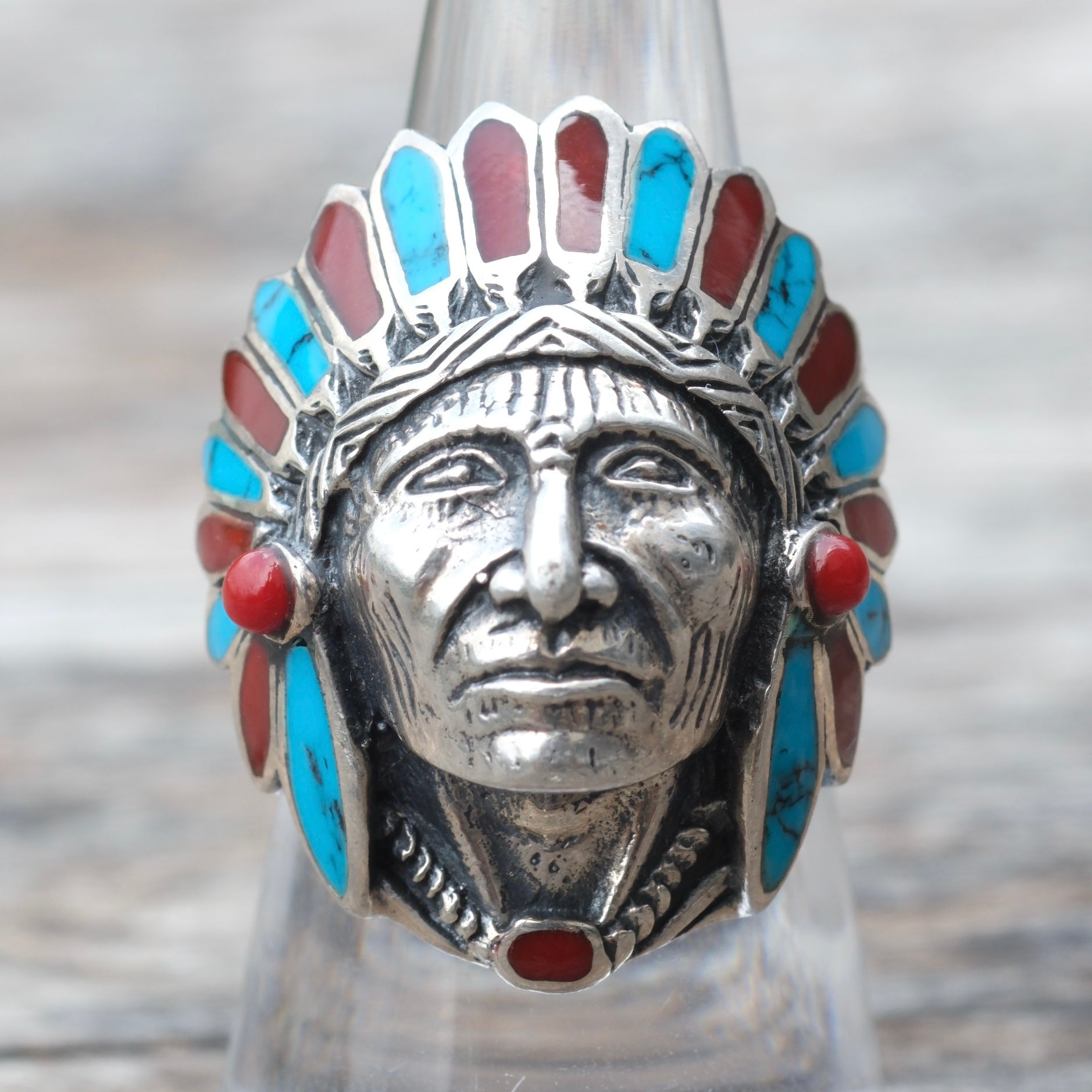 Vintage Sterling Turquoise and Coral Big Chief Ring 8