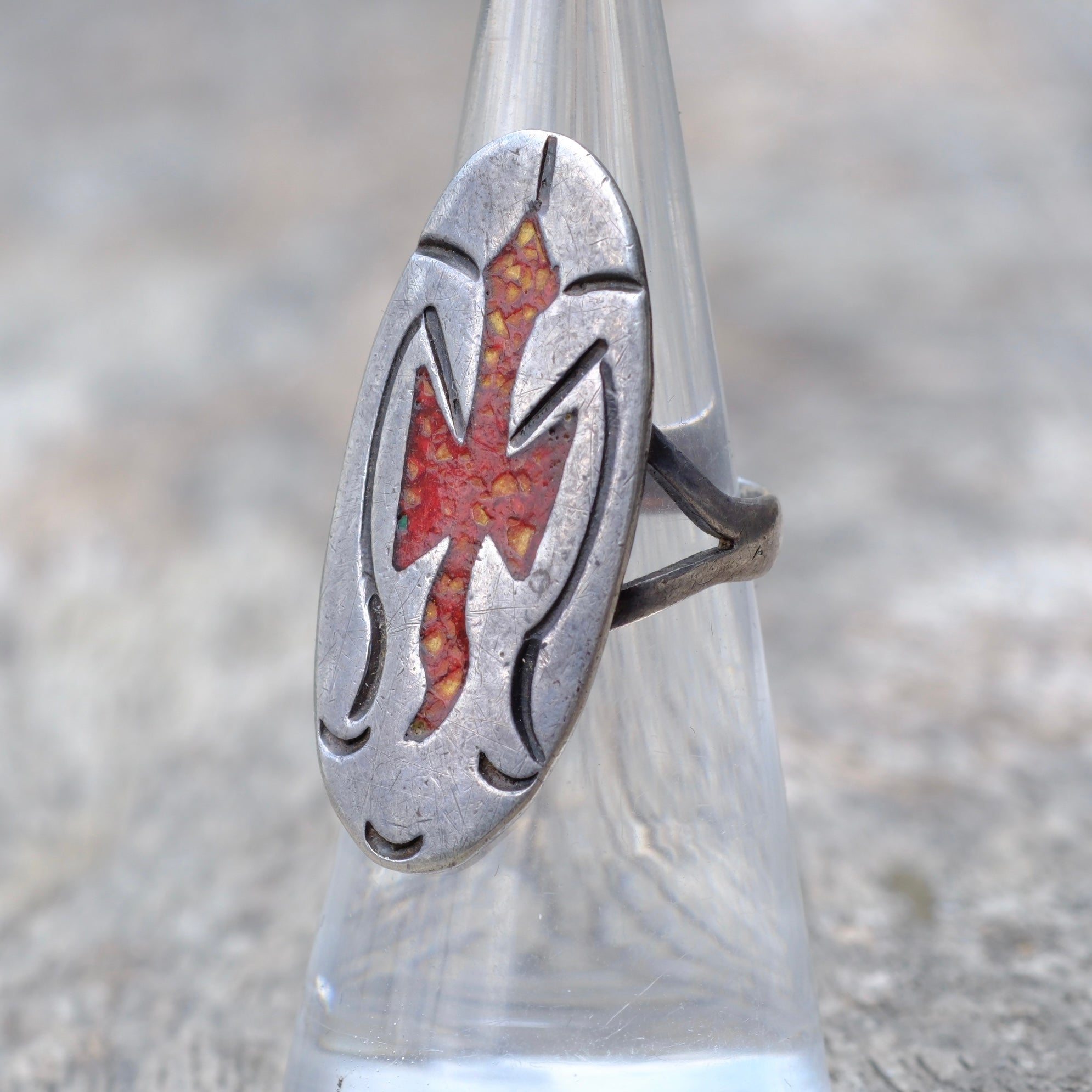 Vintage Sterling Silver Coral Inlay Peyote Bird Ring 5.75