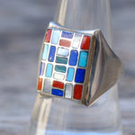 Vintage Sterling Multistone Inlay Panel Ring 8.5