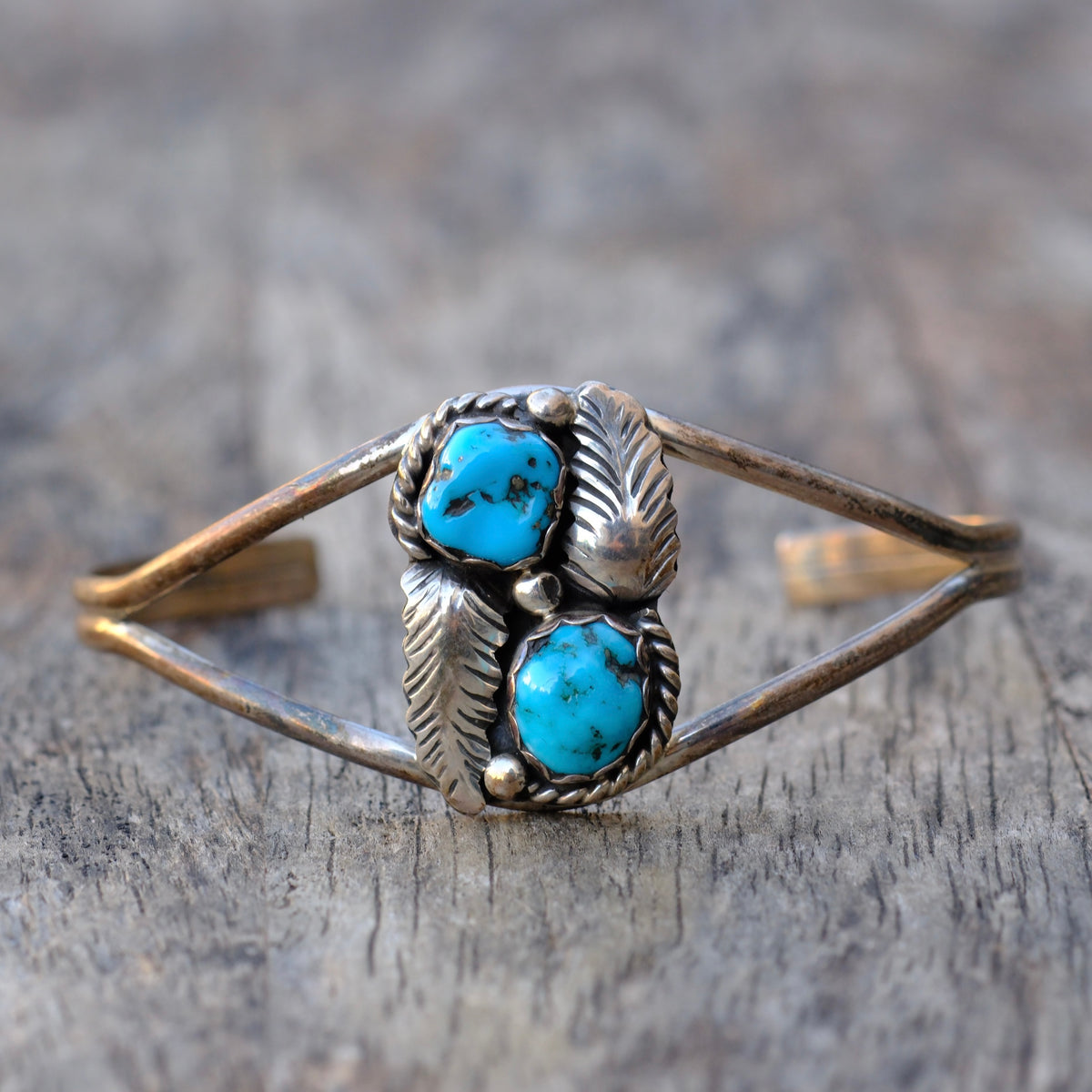 Vintage Sterling 2-Stone Turquoise Feather Cuff Bracelet