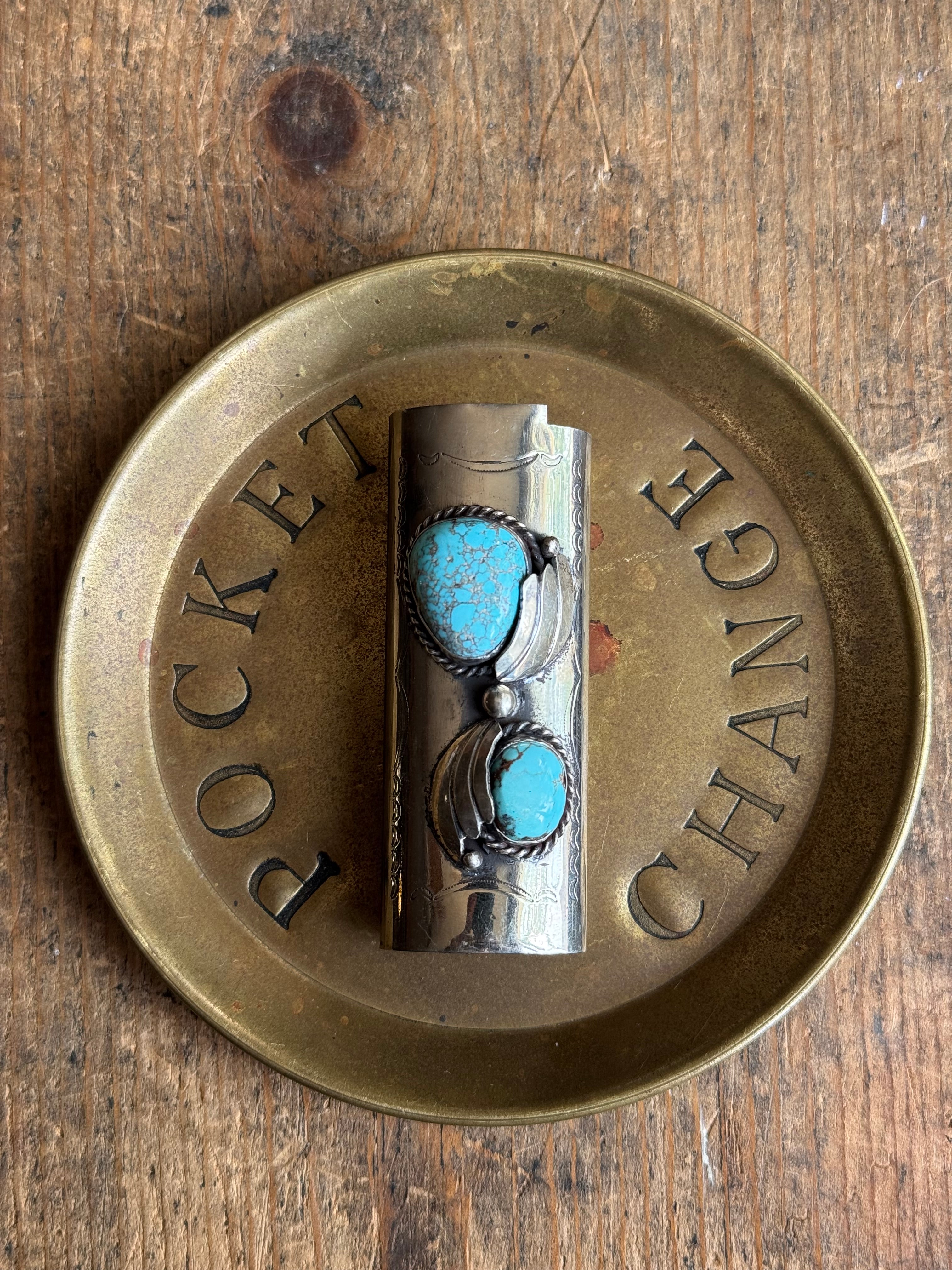 Vintage Stamped Nickel & Sterling Silver Turquoise Lighter Case