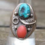 Vintage Sterling Turquoise and Coral Feather Ring 10.5