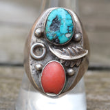 Vintage Sterling Turquoise and Coral Feather Ring 10.5