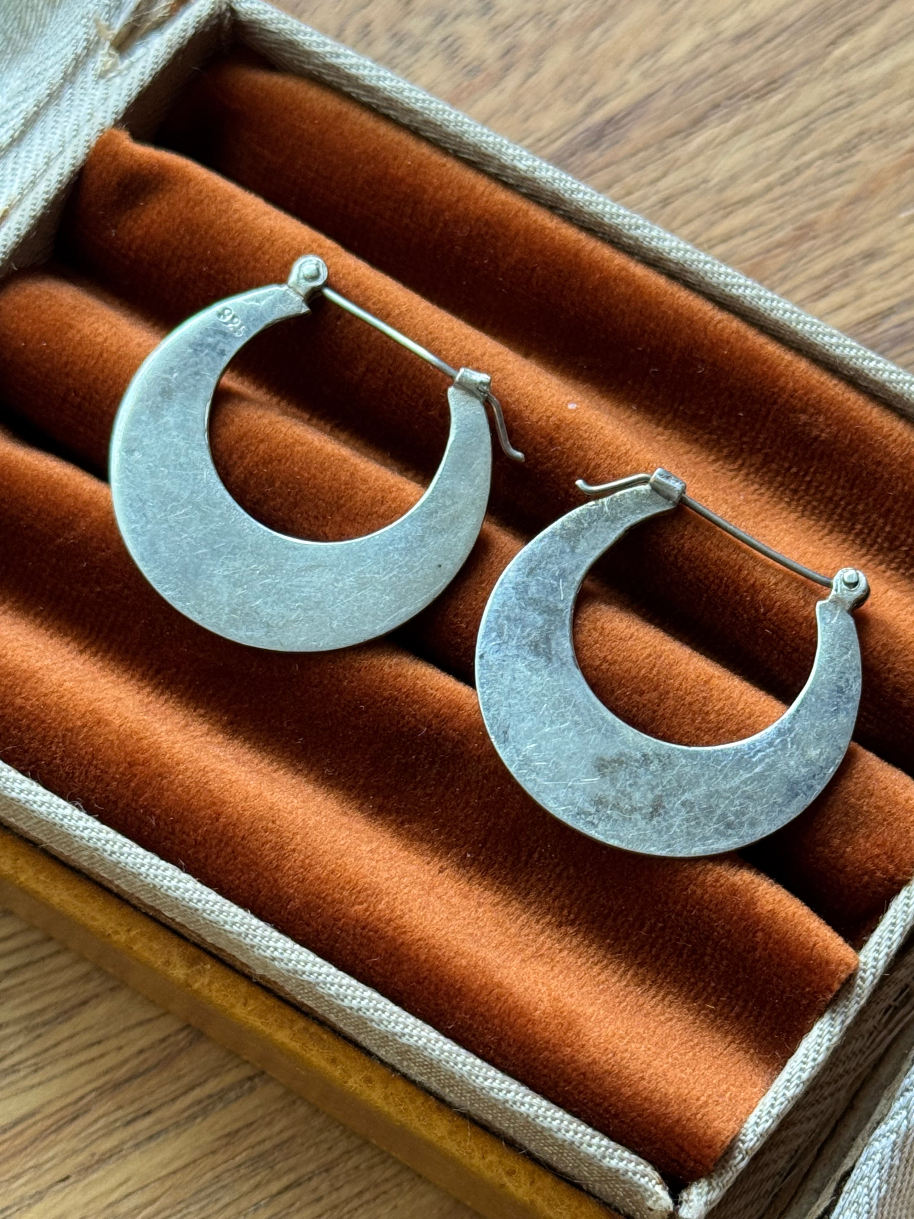 Vintage Sterling Silver Black Enamel Inlay Hoops