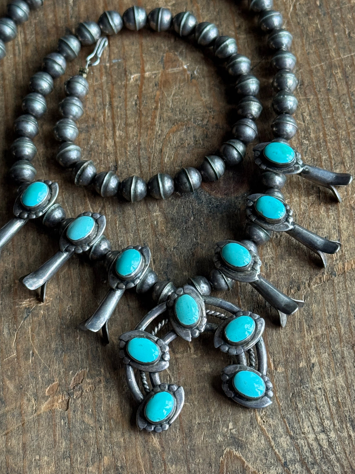 Vintage Sterling Silver Turquoise Squash Blossom Necklace