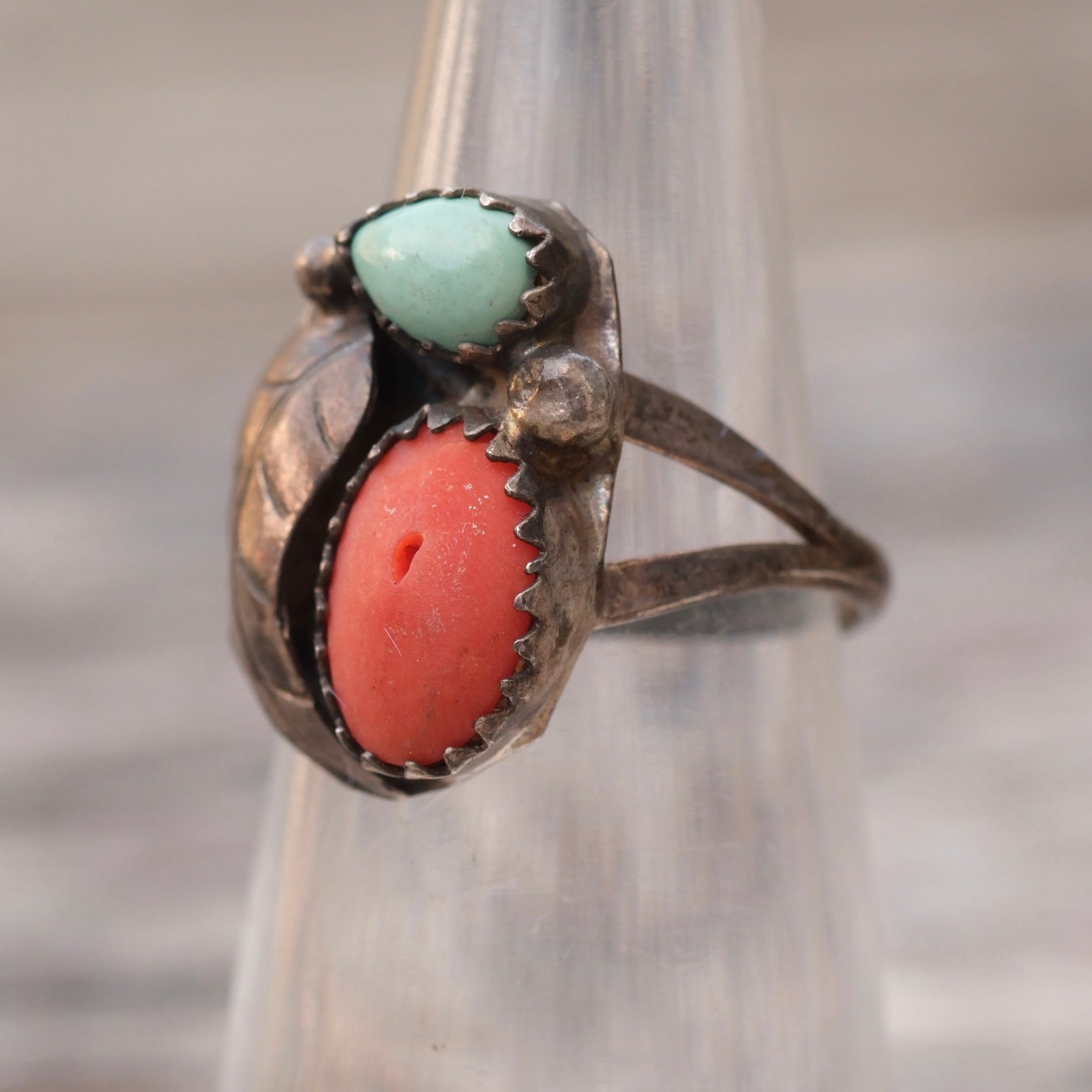 Vintage Sterling Turquoise and Coral Feather Ring 4.75