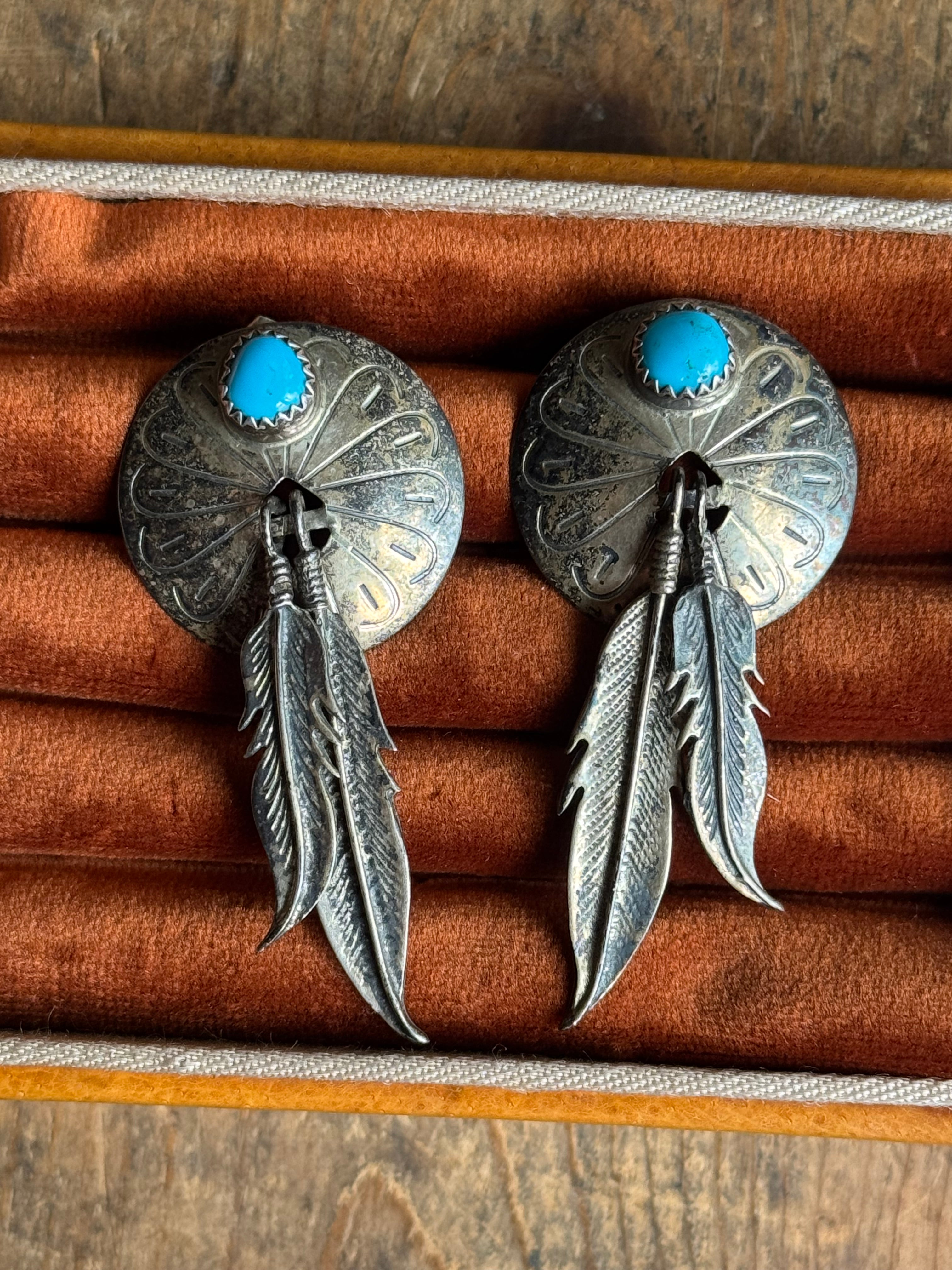 Vintage Sterling Silver Turquoise Feather Concho Earrings