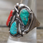 Vintage Sterling Turquoise and Coral Ring 8.75