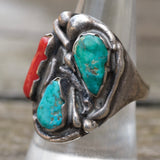 Vintage Sterling Turquoise and Coral Ring 8.75
