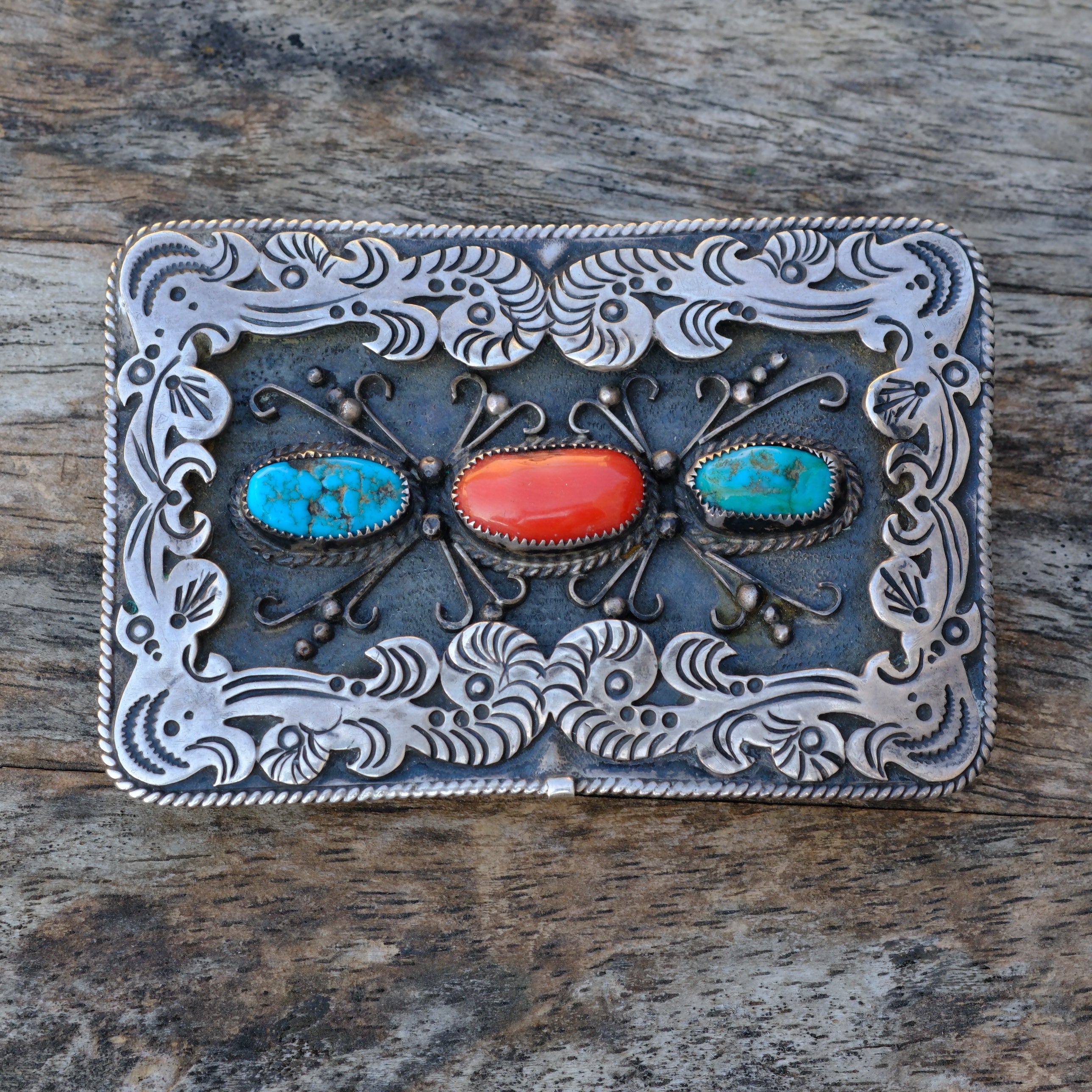 Vintage Sterling Turquoise and Coral Navajo Belt Buckle