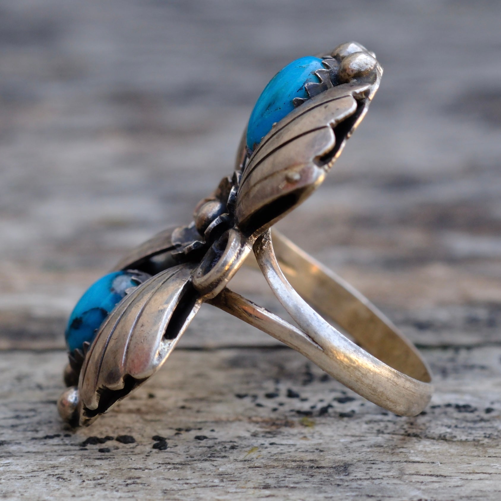 Vintage Sterling 2-Stone Turquoise Ring 5.25