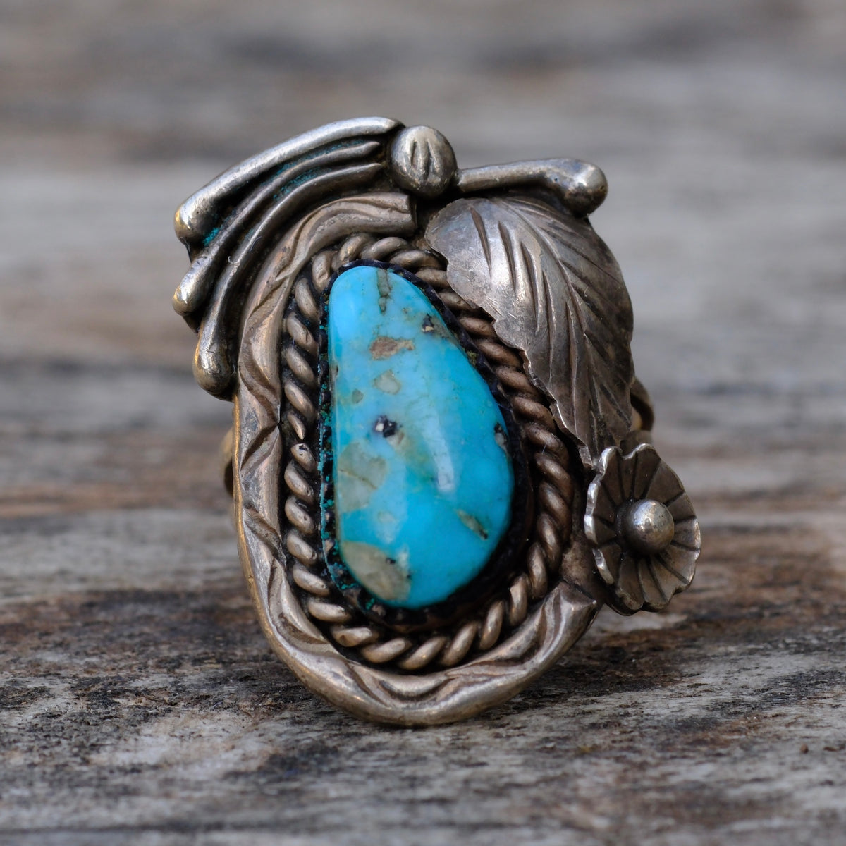 Vintage Sterling Turquoise Feather Ring 6