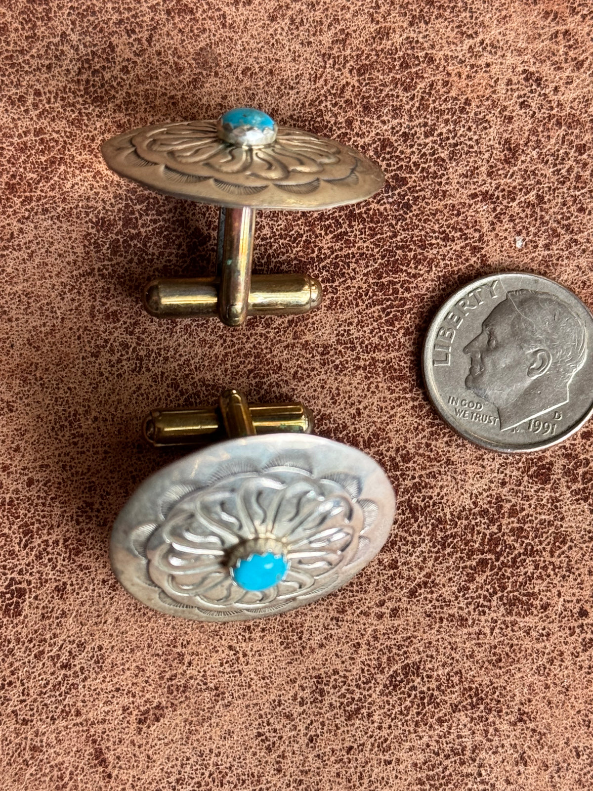 Vintage Sterling Silver Stamped Turquoise Concho Cufflinks