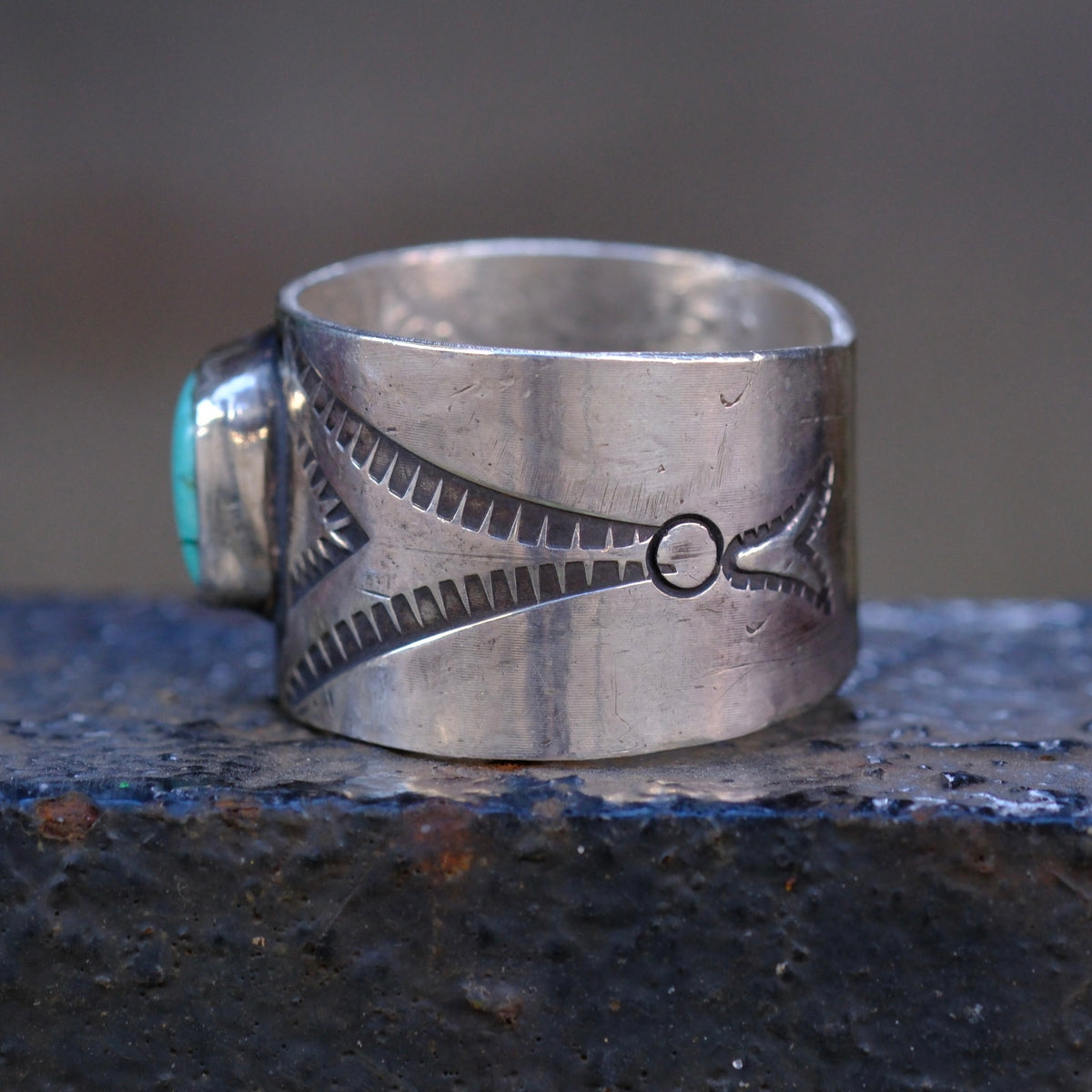 Sterling Silver Natural Lone Mountain Turquoise Stamped Cigar Band Ring 10.5