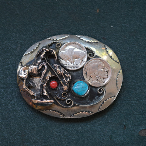 Vintage Lone Scout Turquoise And Coral Belt Buckle