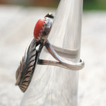 Vintage Sterling Turquoise and Coral Feather Ring 5.75