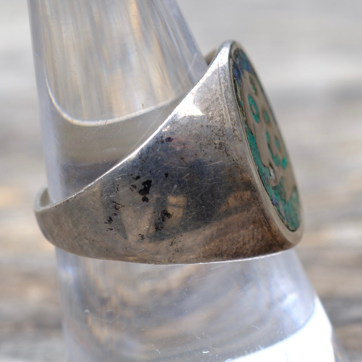 Vintage Sterling Turquoise Inlay Taxco Ring 8.75