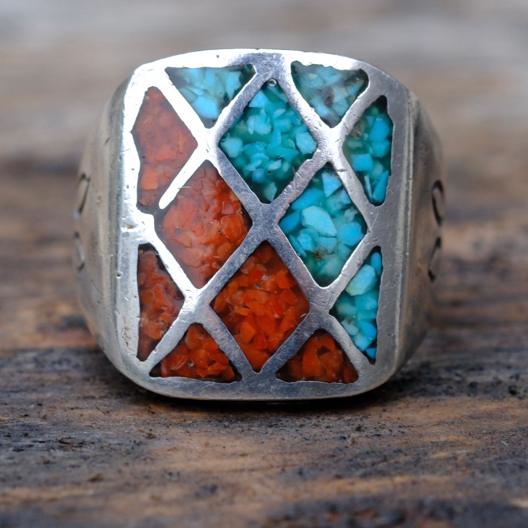 Vintage Sterling Turquoise and Coral Inlay Ring 9