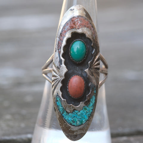 Vintage Sterling Turquoise and Coral Ring 7.75