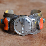 Vintage Sterling Turquoise and Coral Horseshoe Watch Cuff Bracelet