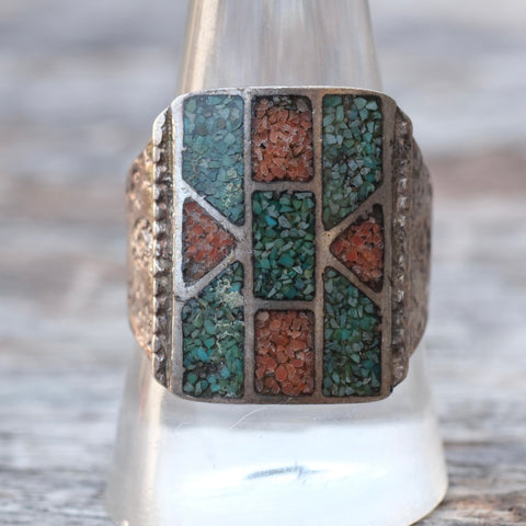 Vintage Sterling Turquoise and Coral Inlay Ring 10.75