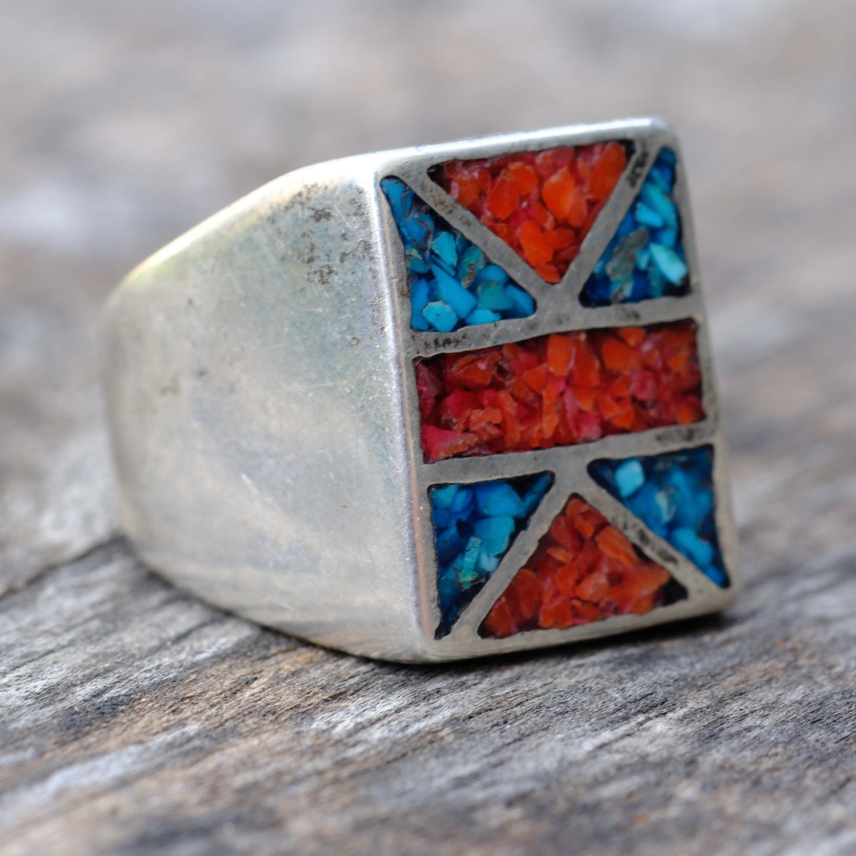 Vintage Sterling Turquoise and Coral Inlay Ring 9.5