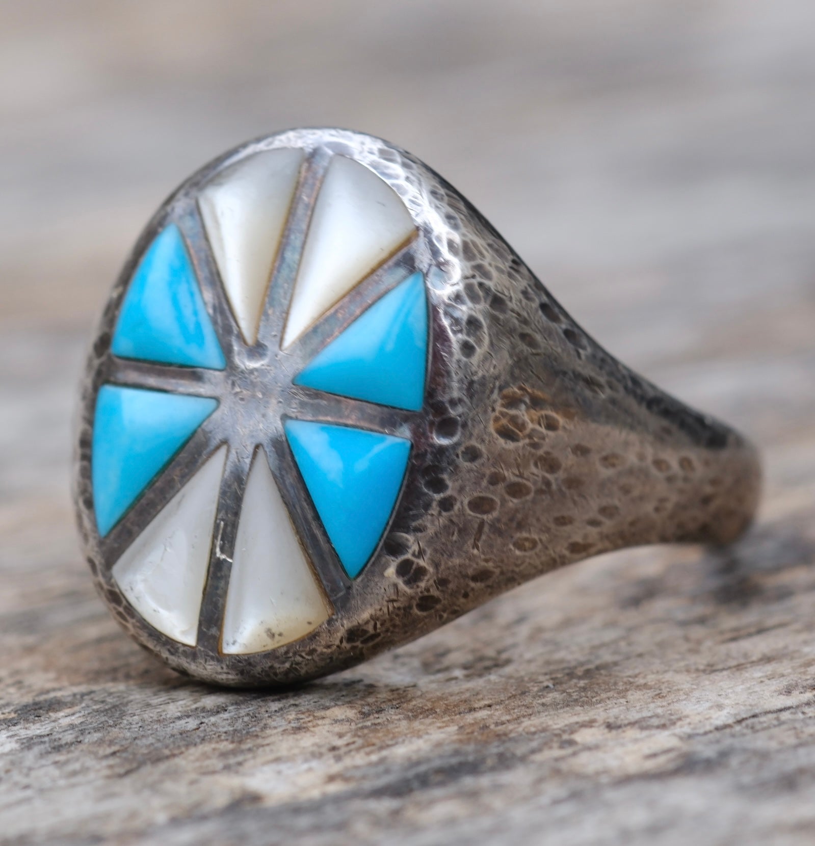 Vintage Sterling Turquoise and Mother Of Pearl Inlay Ring 11