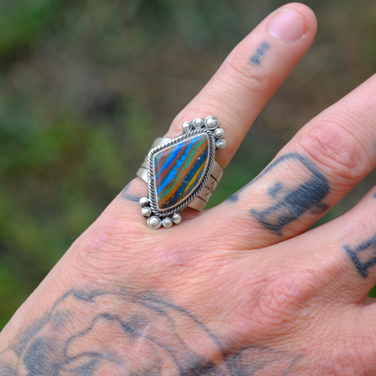 Vintage Sterling Rainbow Calsillica Ring 6