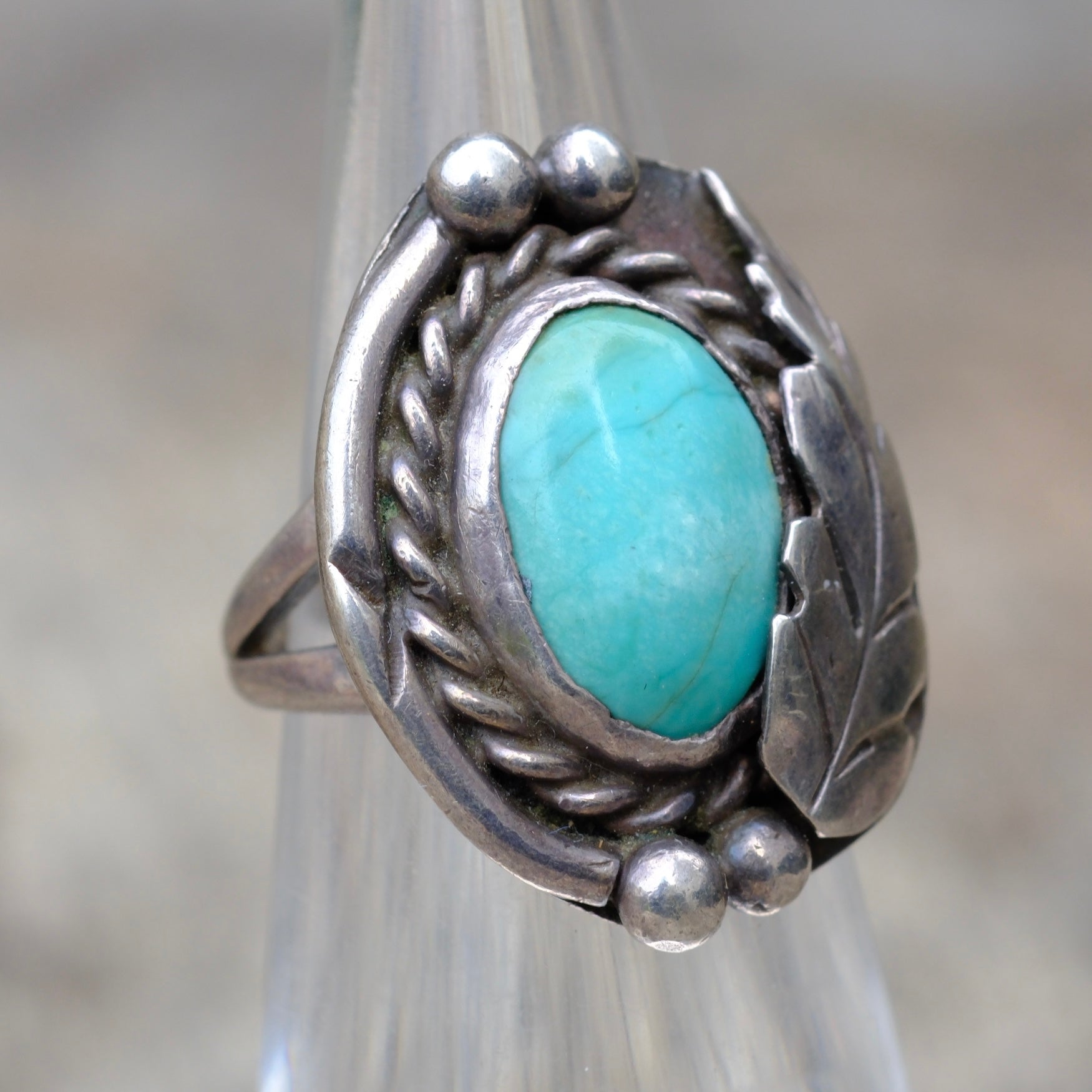 Vintage Sterling Turquoise Feather Ring 3.75