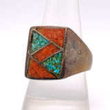Vintage Sterling Turquoise and Coral Inlay Ring 9.5