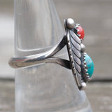 Vintage Sterling Turquoise and Coral Feather Ring 7.75