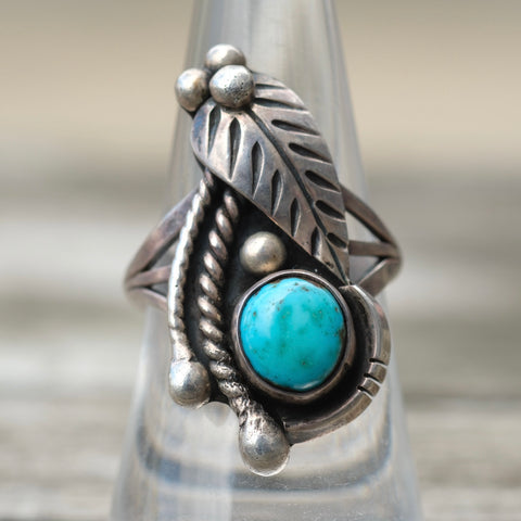 Vintage Sterling Turquoise Feather Ring 7.75