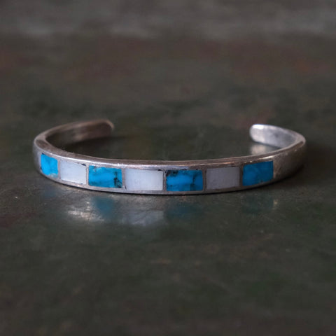 Vintage Sterling Turquoise and Mother Of Pearl Inlay Cuff