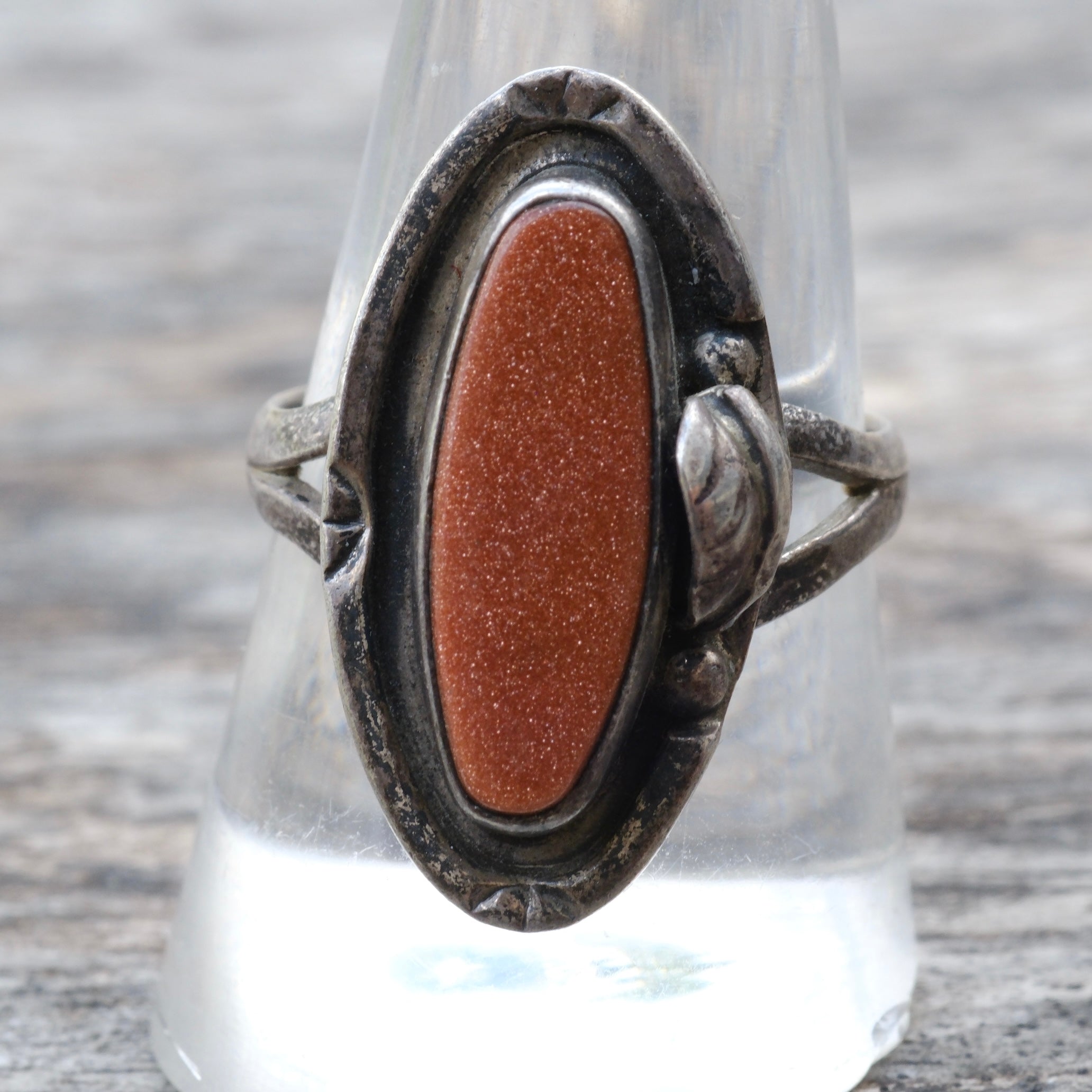 Vintage Sterling Goldstone Feather Ring 9.75