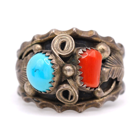 Vintage Sterling Turquoise and Coral Feather Ring 13