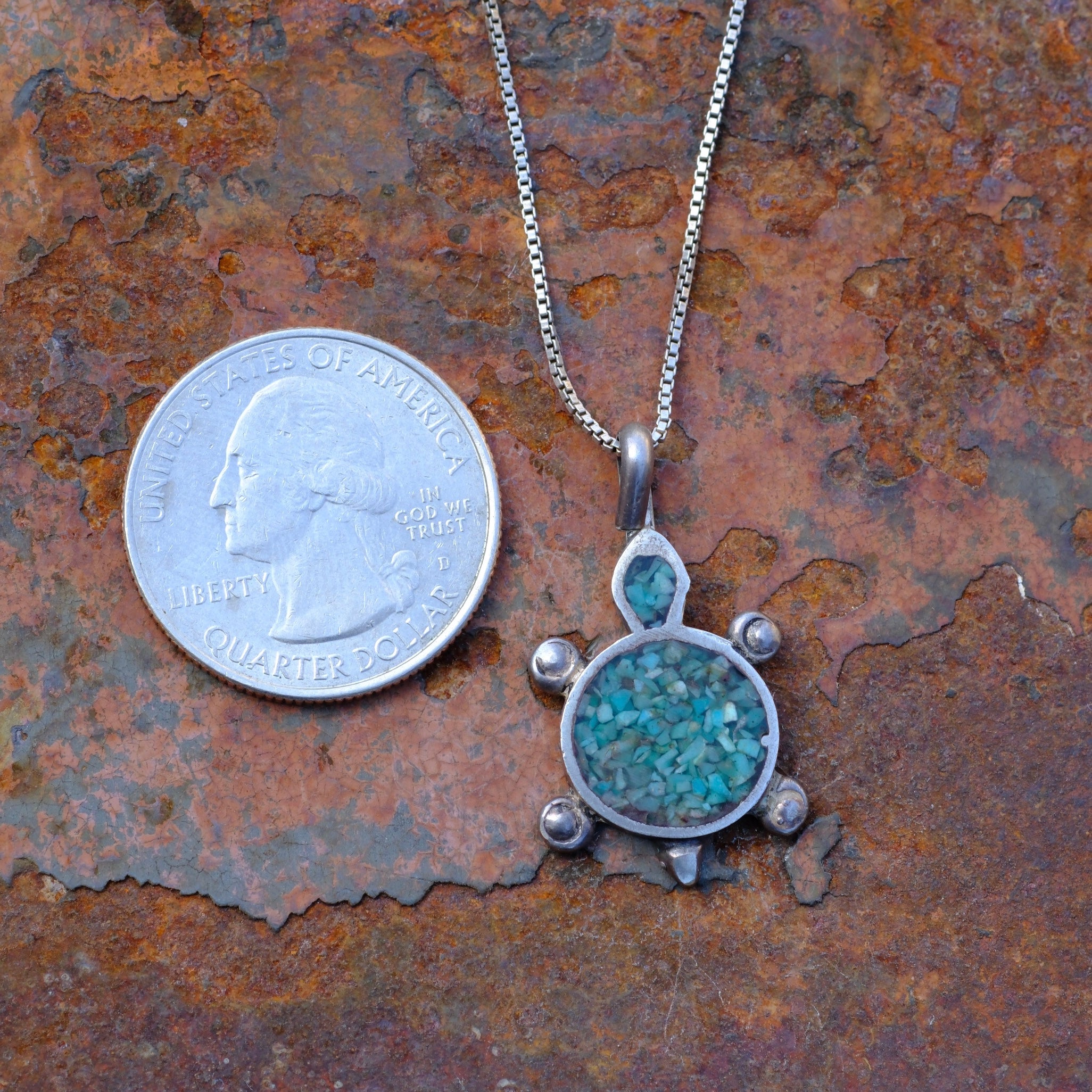 Vintage Sterling Silver Crushed Turquoise Inlay Turtle Ncklace